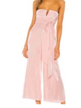 MAJORELLE Naomi Pink cloud Strapless Wide-Leg Jumpsuit with Waist Sash